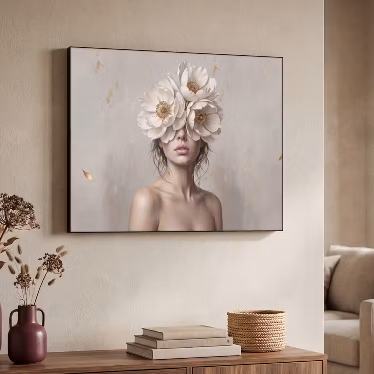 Vrouw - Pioenroos - Wit Textielframe zwart klein -sfeer3