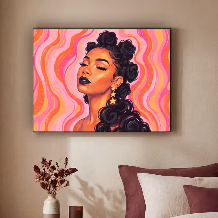 Vrouw - Portret - Abstract - Kleurrijk - Roze Textielframe zwart klein -sfeer1