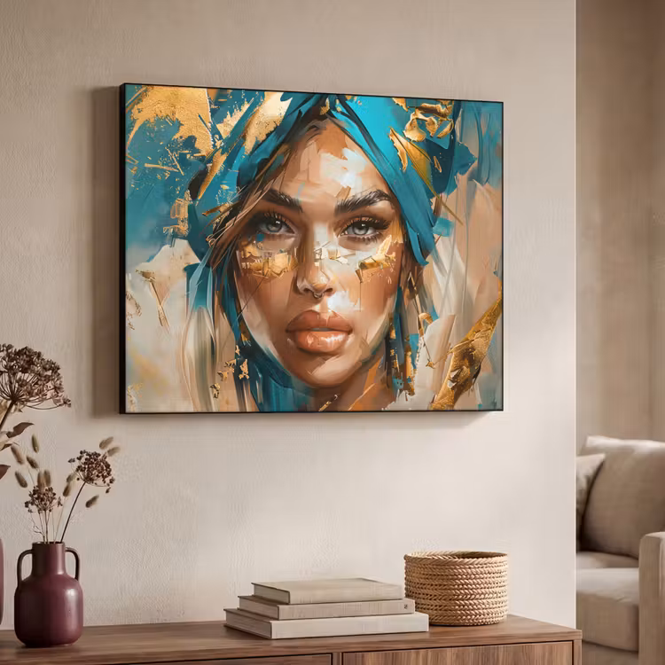 Vrouw - Portret - Goud - Luxe - Blauw Textielframe - compleet frame klein -sfeer3