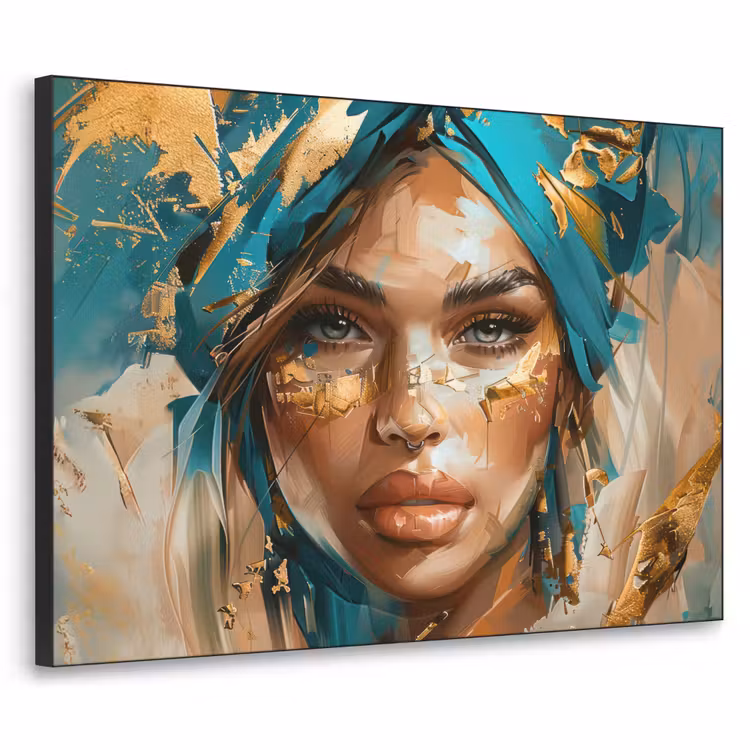Vrouw - Portret - Goud - Luxe - Blauw Textielframe zwart klein -3d