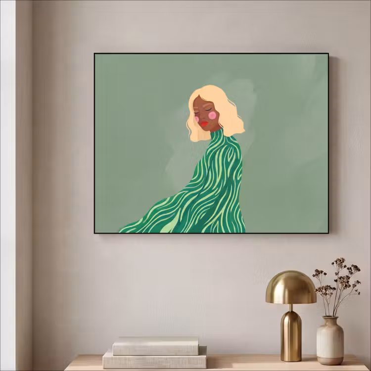 Vrouw - Portret - Illustratie - Modern - Groen Textielframe zwart klein -sfeer2