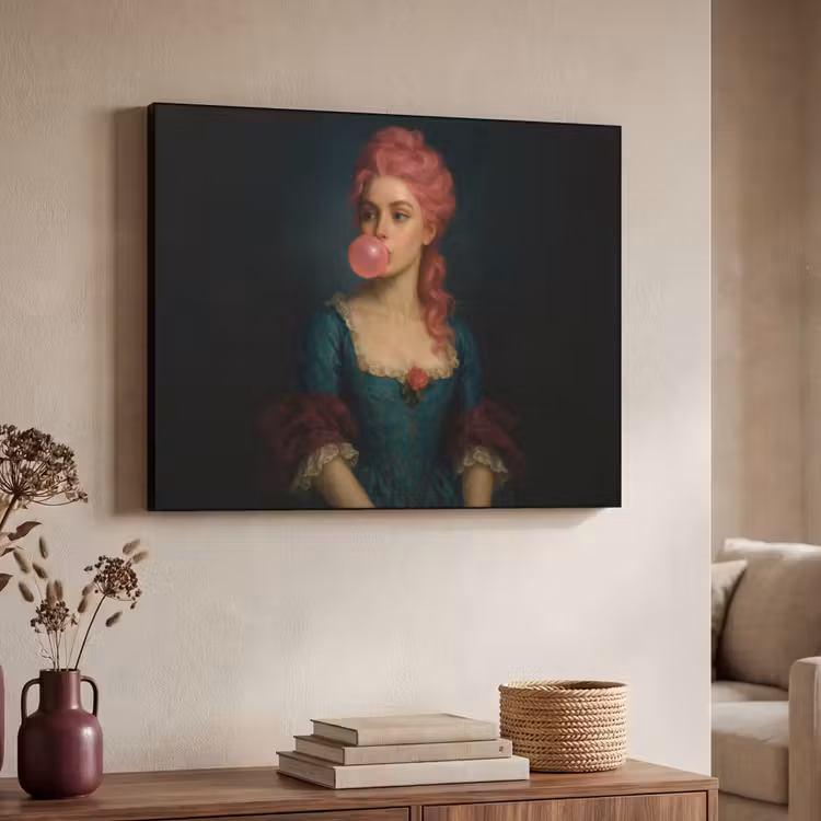 Vrouw - Portret - Kauwgombel Textielframe zwart klein -sfeer3