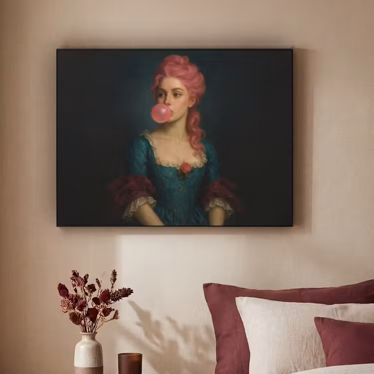 Vrouw - Portret - Kauwgombel Textielframe zwart klein -sfeer1