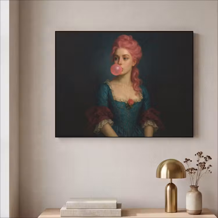 Vrouw - Portret - Kauwgombel Textielframe zwart klein -sfeer2