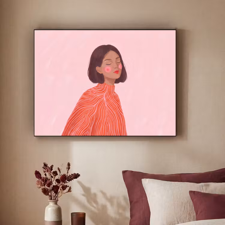 Vrouw - Portret - Modern - Kunst - Roze Textielframe zwart klein -sfeer1
