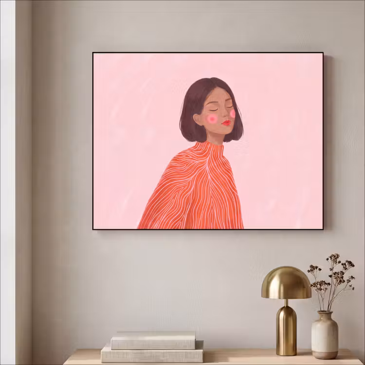 Vrouw - Portret - Modern - Kunst - Roze Textielframe zwart klein -sfeer2