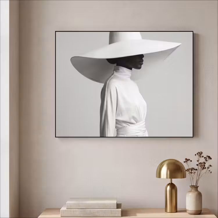 Vrouw - Profiel - Hoed - Zwart - Wit - Minimalistisch Textielframe zwart klein -sfeer2