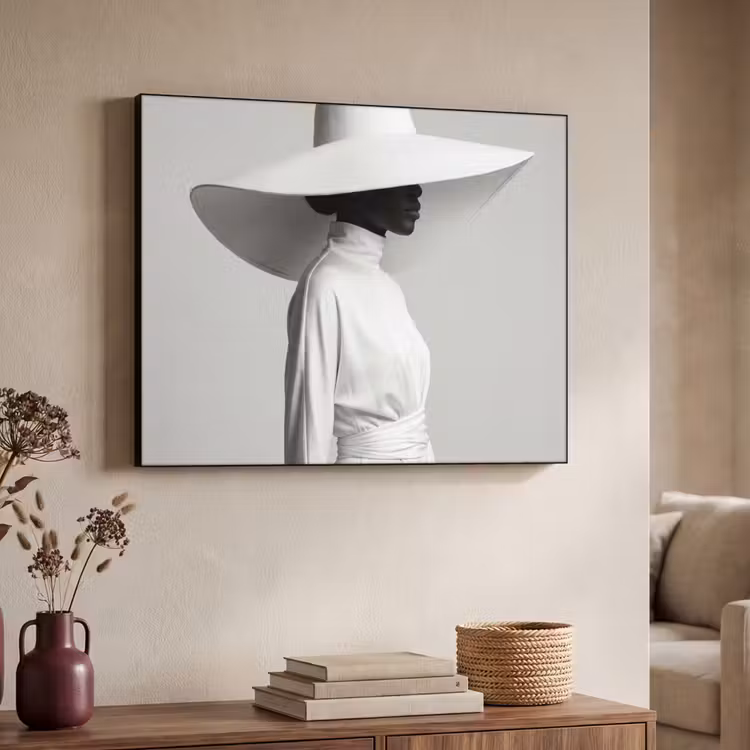 Vrouw - Profiel - Hoed - Zwart - Wit - Minimalistisch Textielframe zwart klein -sfeer3