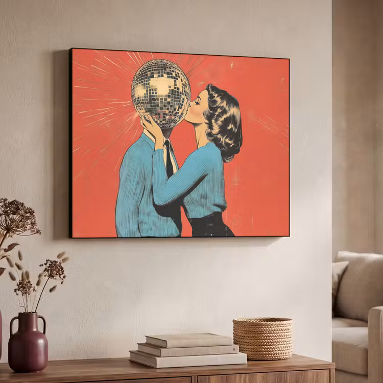 Vrouw - Retro - Discobal - Kus Textielframe zwart klein -sfeer3