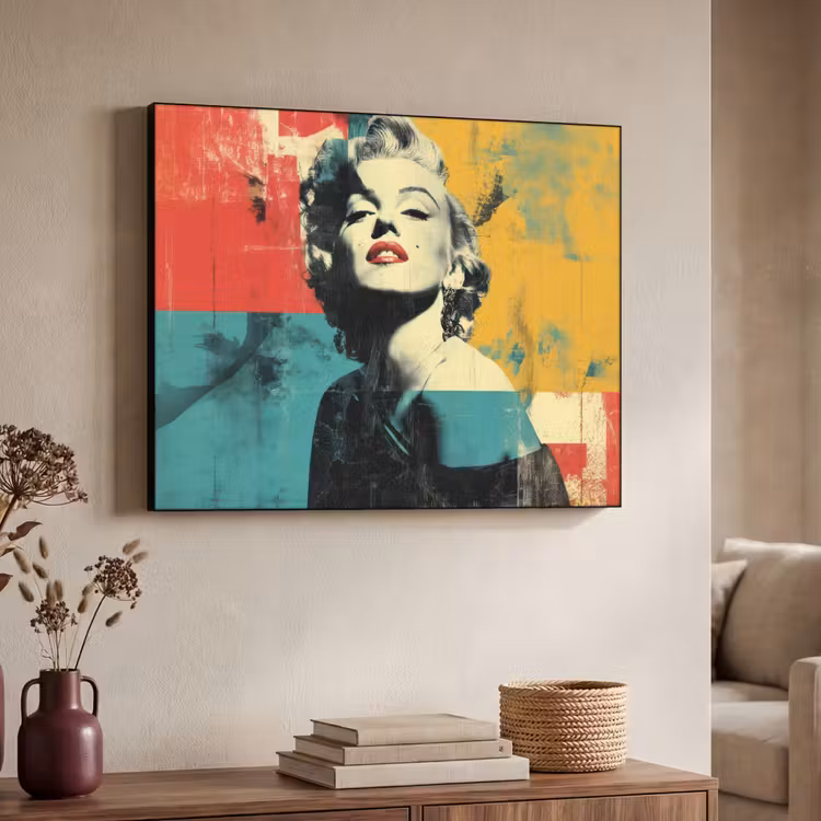 Vrouw - Rode lippen - Abstracte kleurvlakken - Popartuistraling Textielframe zwart klein -sfeer3