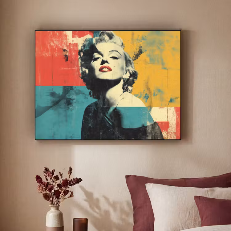 Vrouw - Rode lippen - Abstracte kleurvlakken - Popartuistraling Textielframe zwart klein -sfeer1