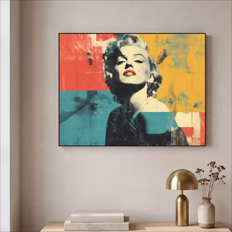 Vrouw - Rode lippen - Abstracte kleurvlakken - Popartuistraling Textielframe - compleet frame klein -sfeer2