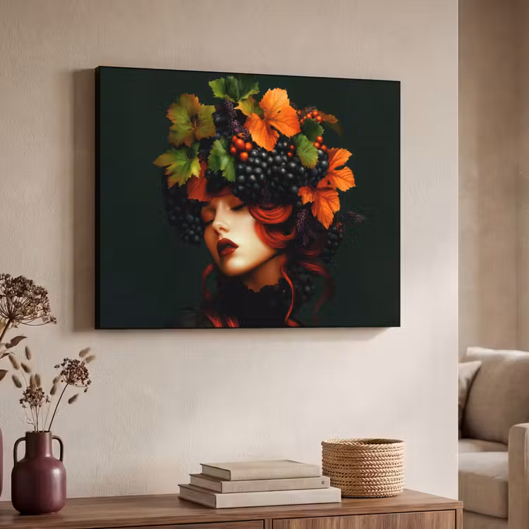 Vrouw - Rood - Groen - Druiven Textielframe zwart klein -sfeer3