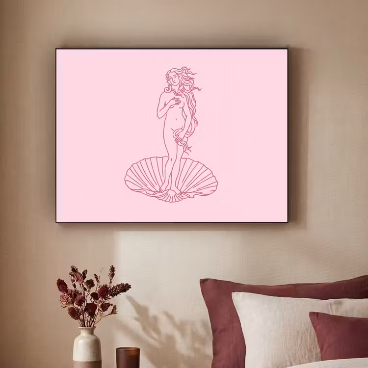 Vrouw - Schelp - Kunst - Lijntekening - Roze Textielframe zwart klein -sfeer1