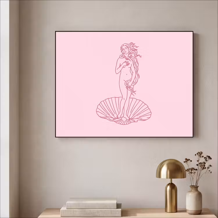 Vrouw - Schelp - Kunst - Lijntekening - Roze Textielframe zwart klein -sfeer2