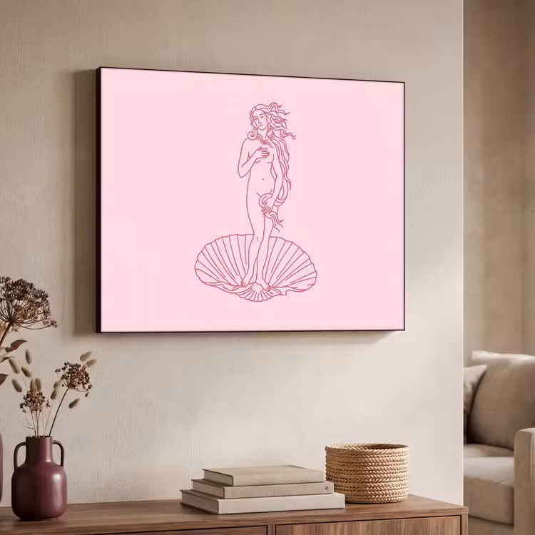 Vrouw - Schelp - Kunst - Lijntekening - Roze Textielframe zwart klein -sfeer3