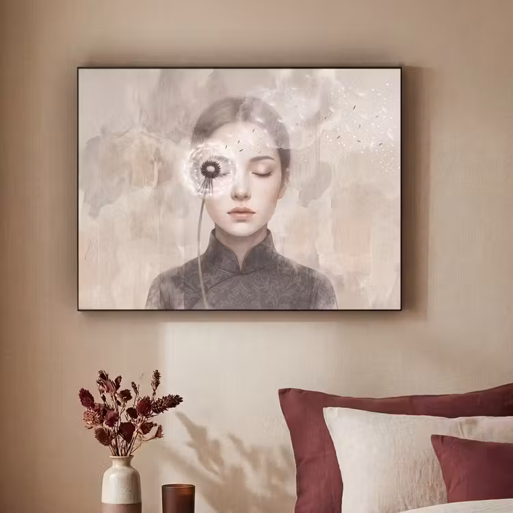 Vrouw - Sereen - Grijs Textielframe zwart klein -sfeer1