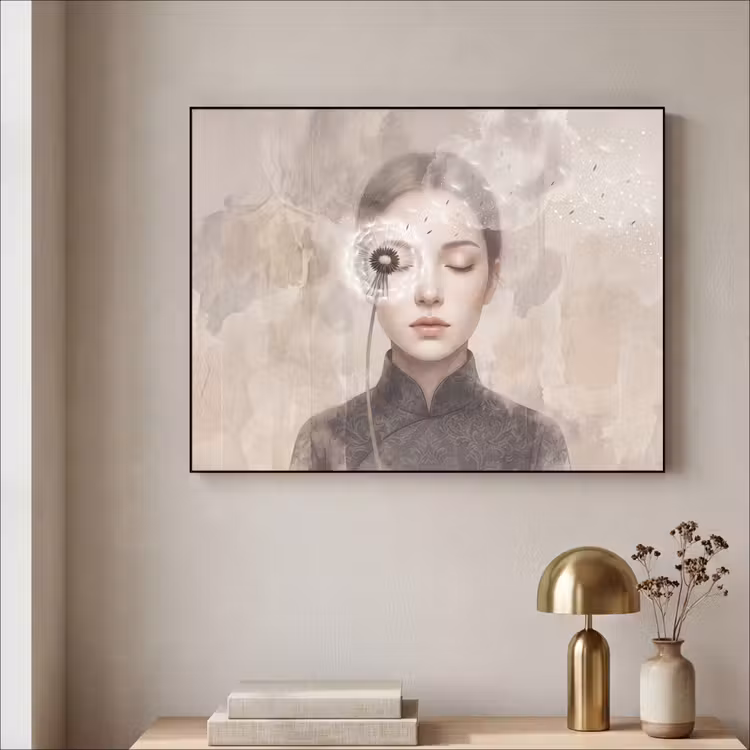 Vrouw - Sereen - Grijs Textielframe zwart klein -sfeer2