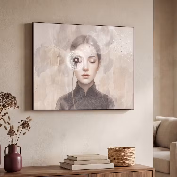 Vrouw - Sereen - Grijs Textielframe zwart klein -sfeer3