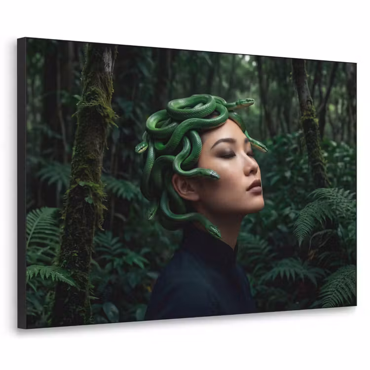 Vrouw - Slang - Natuur - Mystiek - Groen Textielframe zwart klein -3d