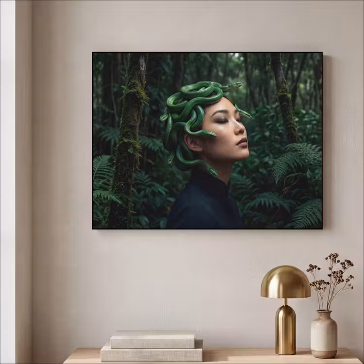 Vrouw - Slang - Natuur - Mystiek - Groen Textielframe zwart klein -sfeer2