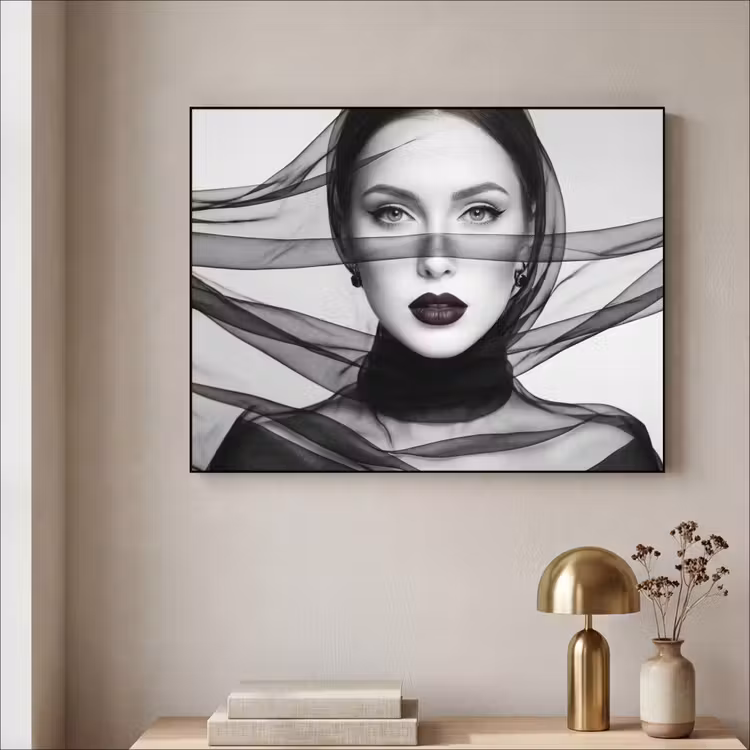 Vrouw - Sluier - Portret - Zwart - Wit - Elegant Textielframe zwart klein -sfeer2
