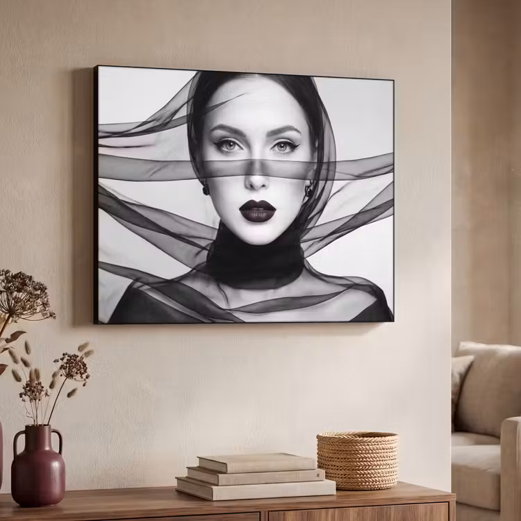 Vrouw - Sluier - Portret - Zwart - Wit - Elegant Textielframe zwart klein -sfeer3