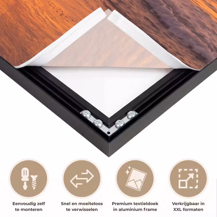 Vrouw - Surfplank - Strand - Zonsondergang - Oranje Textielframe zwart klein -USP_closeupNL