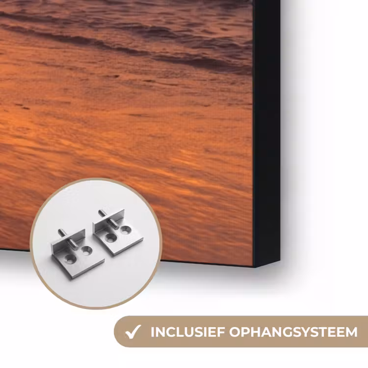 Vrouw - Surfplank - Strand - Zonsondergang - Oranje Textielframe zwart klein -USP_ophangsysteemNL