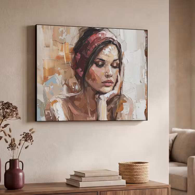 Vrouw - Verflook - Portret - Modern Textielframe - compleet frame klein -sfeer3