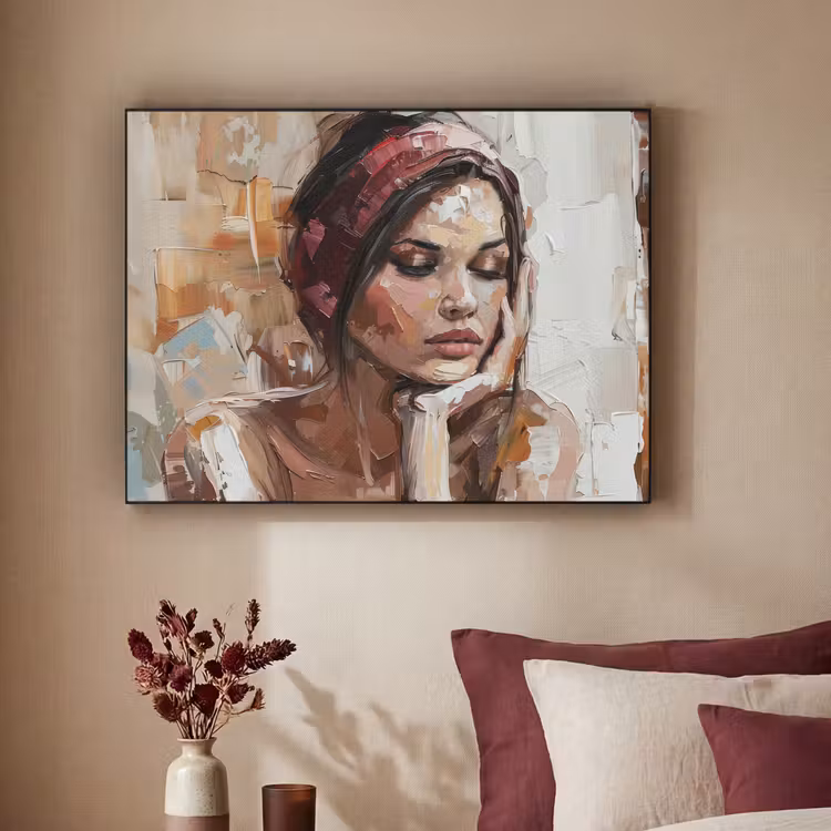 Vrouw - Verflook - Portret - Modern Textielframe - compleet frame klein -sfeer1