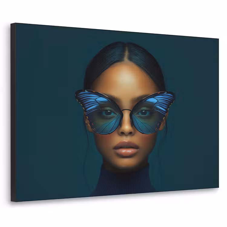 Vrouw - Vlinder - Bril - Blauw - Modern - Portret Textielframe zwart klein -3d