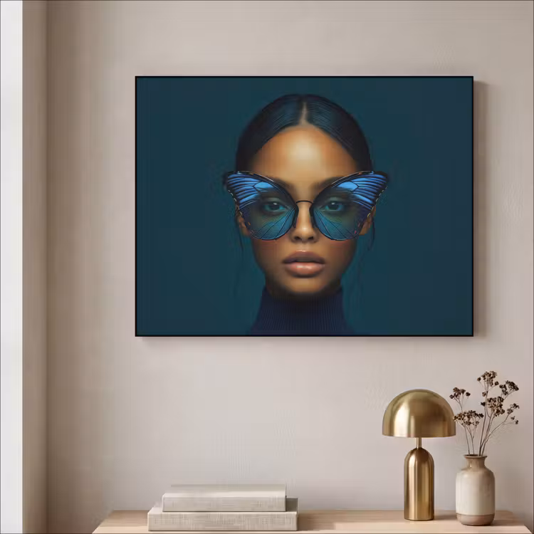 Vrouw - Vlinder - Bril - Blauw - Modern - Portret Textielframe zwart klein -sfeer2