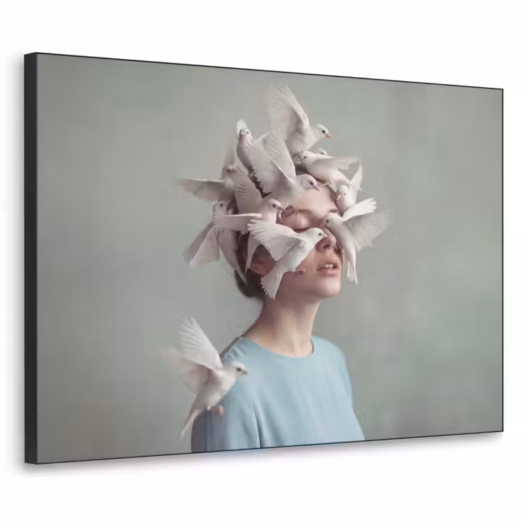 Vrouw - Vogels - Abstract - Modern - Wit Textielframe zwart klein -3d