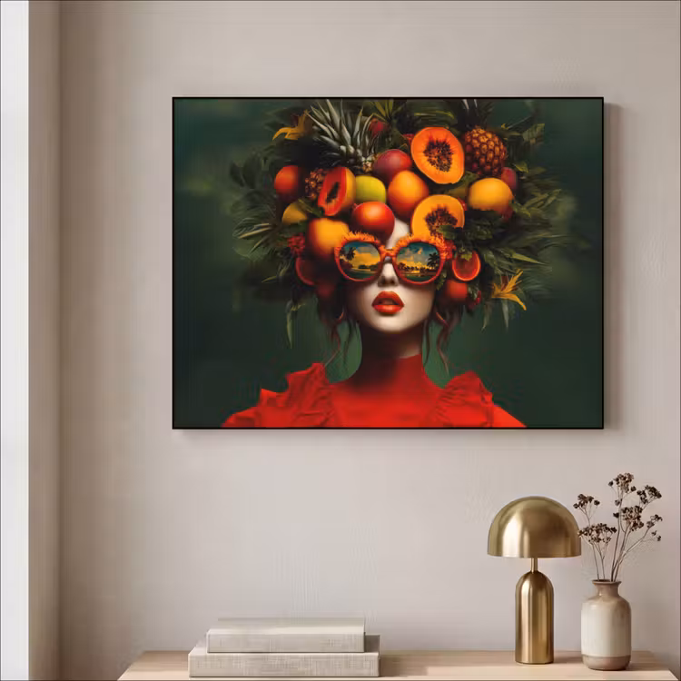 Vrouw - Vruchten - Papaja - Ananas Textielframe zwart klein -sfeer2