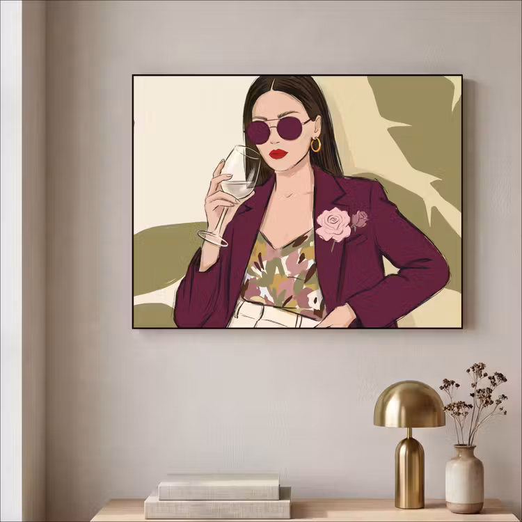 Vrouw - Wijn - Portret - Mode - Modern Textielframe zwart klein -sfeer2