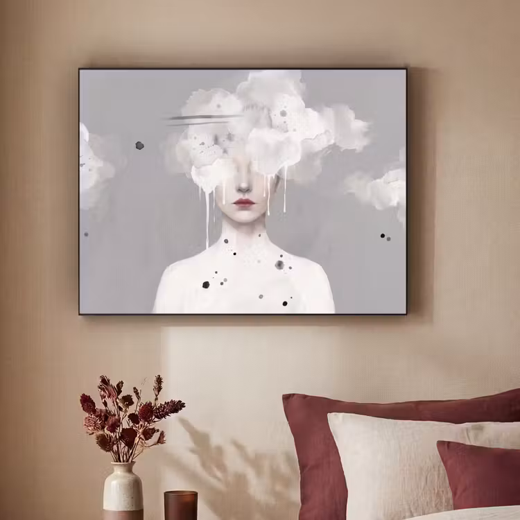 Vrouw - Wolk - Grijs Textielframe zwart klein -sfeer1