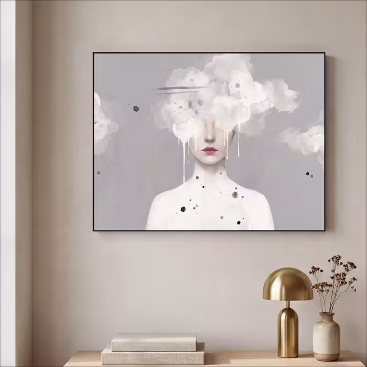 Vrouw - Wolk - Grijs Textielframe zwart klein -sfeer2