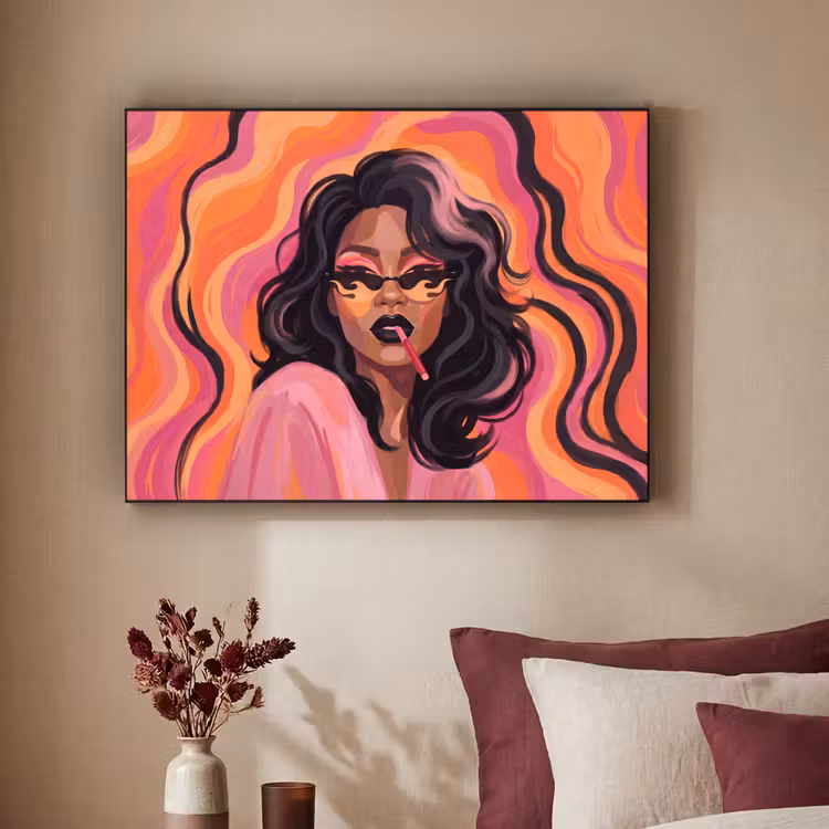 Vrouw - Zonnebril - Modern - Portret - Oranje Textielframe zwart klein -sfeer1