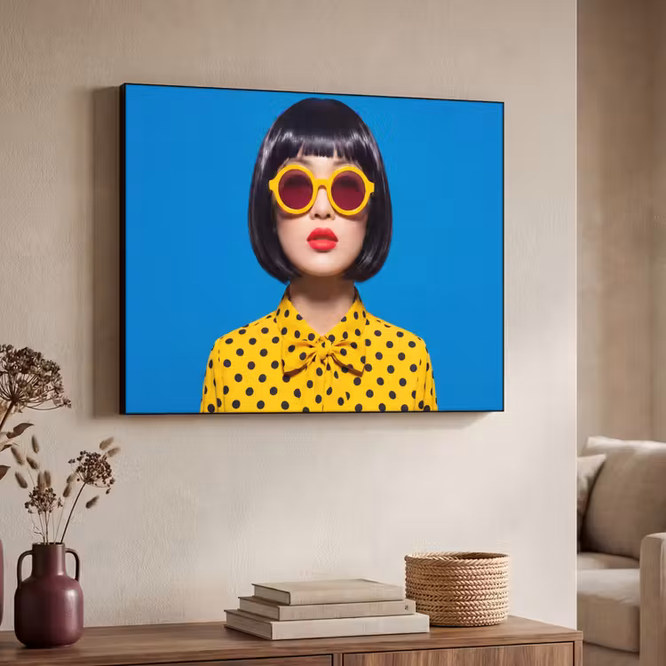 Vrouw - Zonnebril - Pop Art - Portret - Geel Textielframe zwart klein -sfeer3