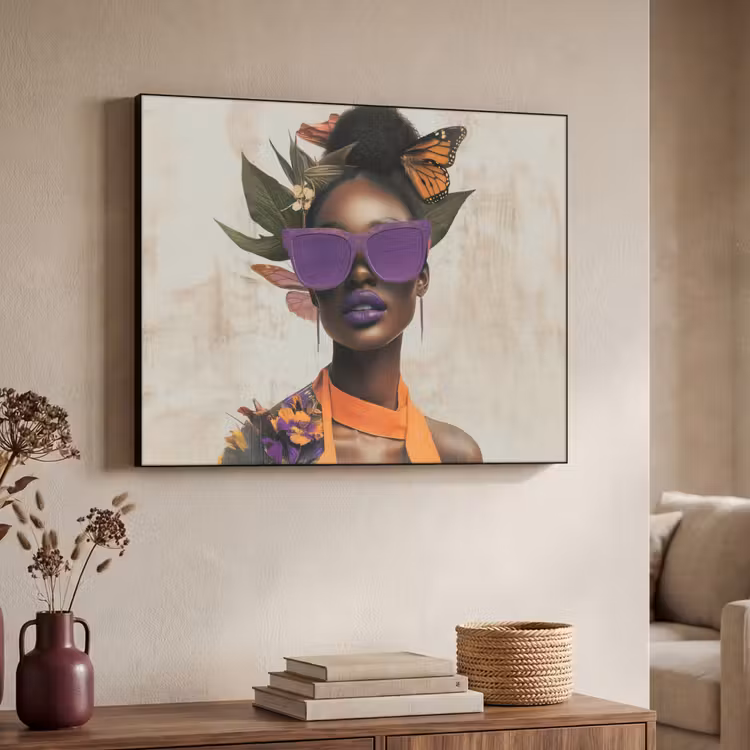 Vrouw - Zonnebril - Vlinder - Bloemen Textielframe zwart klein -sfeer3