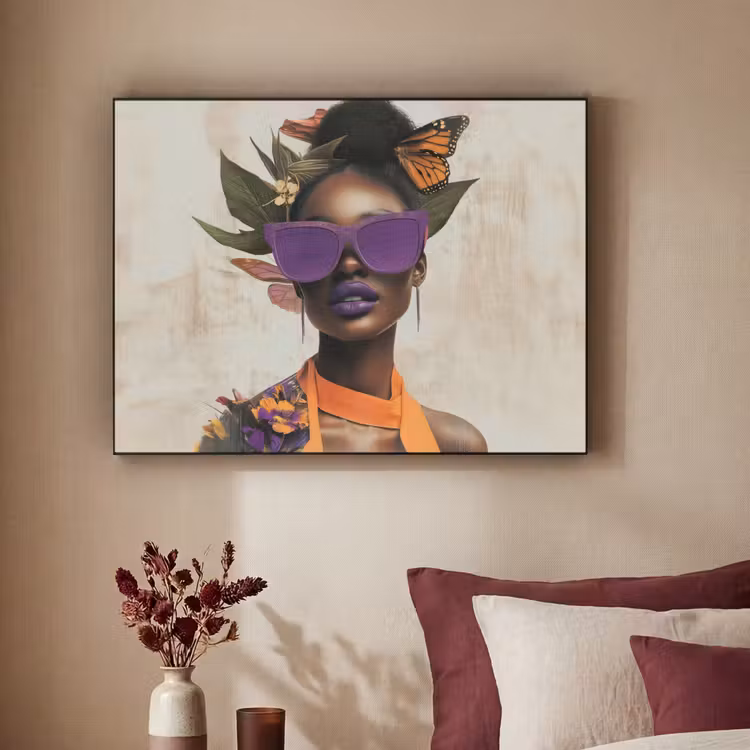 Vrouw - Zonnebril - Vlinder - Bloemen Textielframe zwart klein -sfeer1