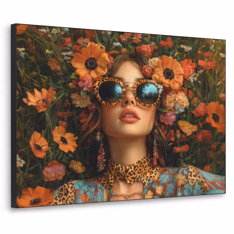 Vrouwen - Bloemen - Modern - Bril - Abstract Textielframe zwart klein -3d