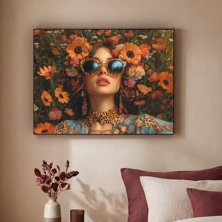 Vrouwen - Bloemen - Modern - Bril - Abstract Textielframe zwart klein -sfeer1