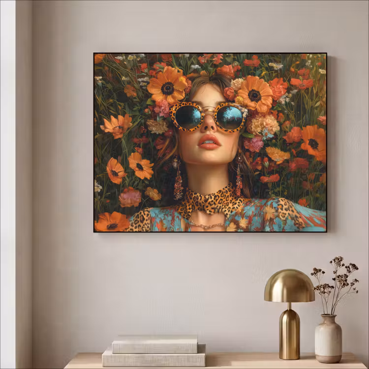 Vrouwen - Bloemen - Modern - Bril - Abstract Textielframe zwart klein -sfeer2