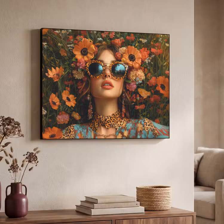 Vrouwen - Bloemen - Modern - Bril - Abstract Textielframe zwart klein -sfeer3