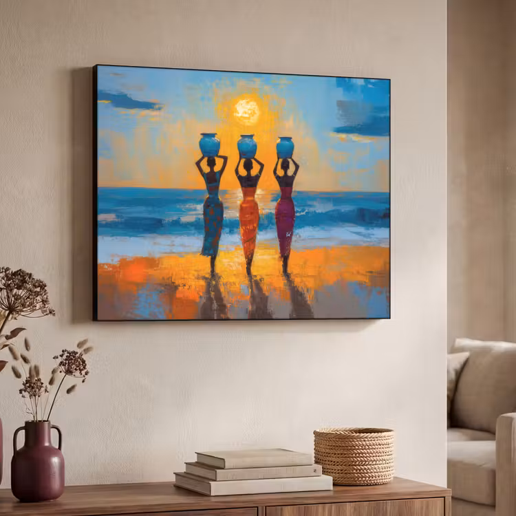 Vrouwen - Strand - Zondsondergang Textielframe zwart klein -sfeer3