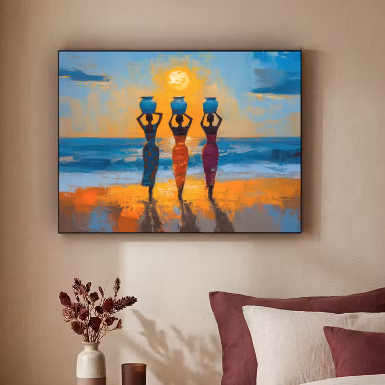 Vrouwen - Strand - Zondsondergang Textielframe zwart klein -sfeer1