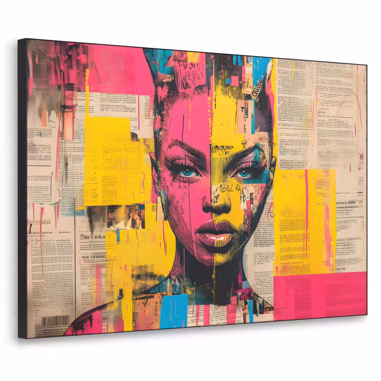 Vrouwengezicht - Krantenpapier - Abstract - Roze Textielframe - compleet frame klein -3d