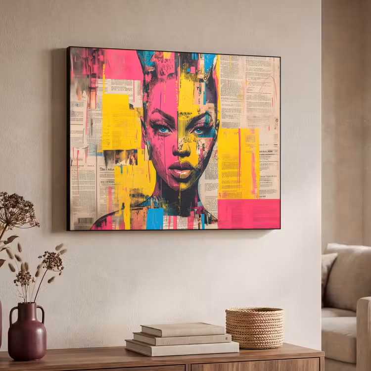 Vrouwengezicht - Krantenpapier - Abstract - Roze Textielframe zwart klein -sfeer3